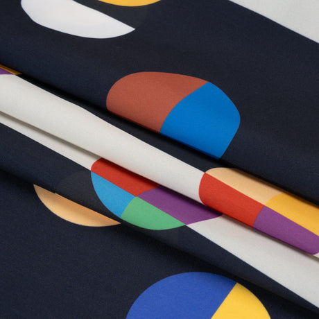 Midnight, Cream and Multicolor Split Polka Dots on Wide Stripes Polyester Woven