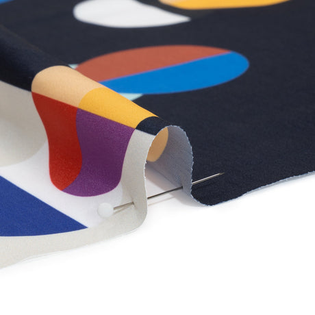 Midnight, Cream and Multicolor Split Polka Dots on Wide Stripes Polyester Woven