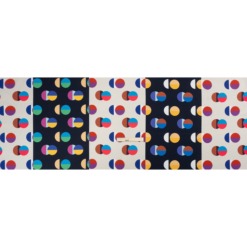 Midnight, Cream and Multicolor Split Polka Dots on Wide Stripes Polyester Woven