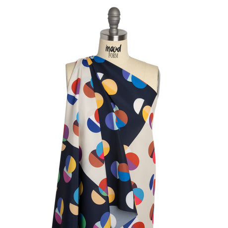 Midnight, Cream and Multicolor Split Polka Dots on Wide Stripes Polyester Woven