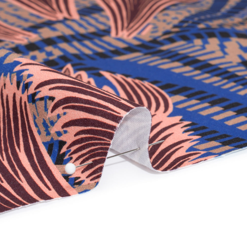 Stretch Cotton Sateen - Cobalt Blue and Burgundy Feathers