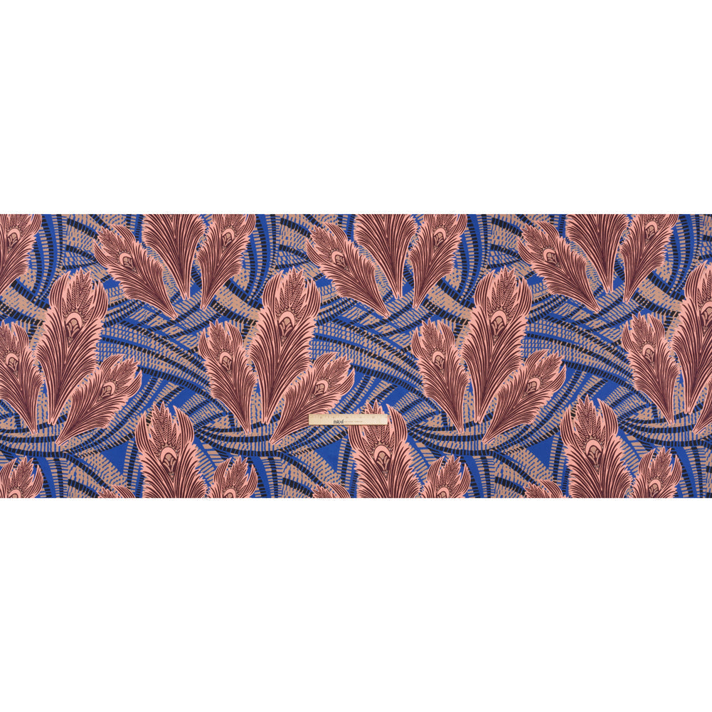 Stretch Cotton Sateen - Cobalt Blue and Burgundy Feathers
