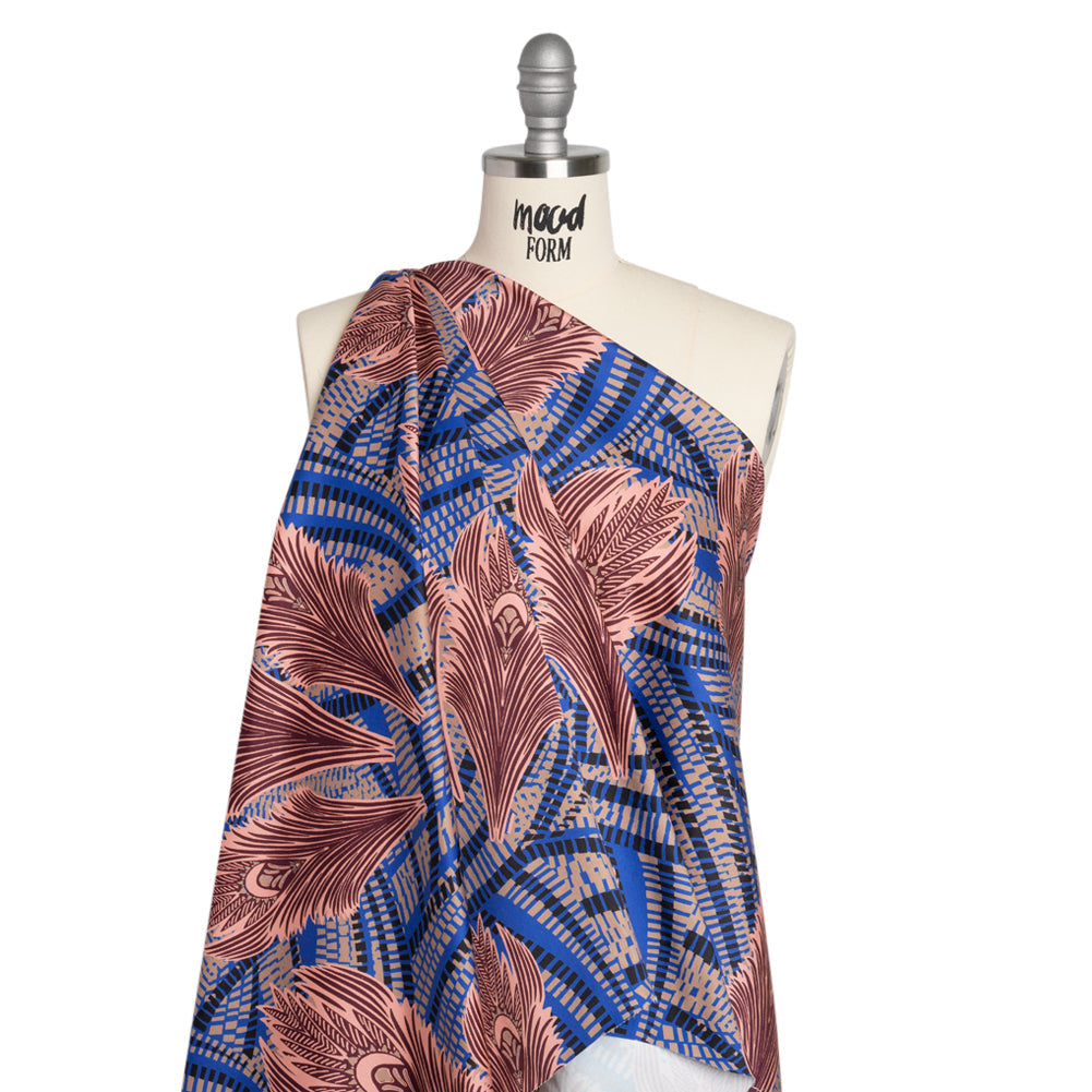 Stretch Cotton Sateen - Cobalt Blue and Burgundy Feathers