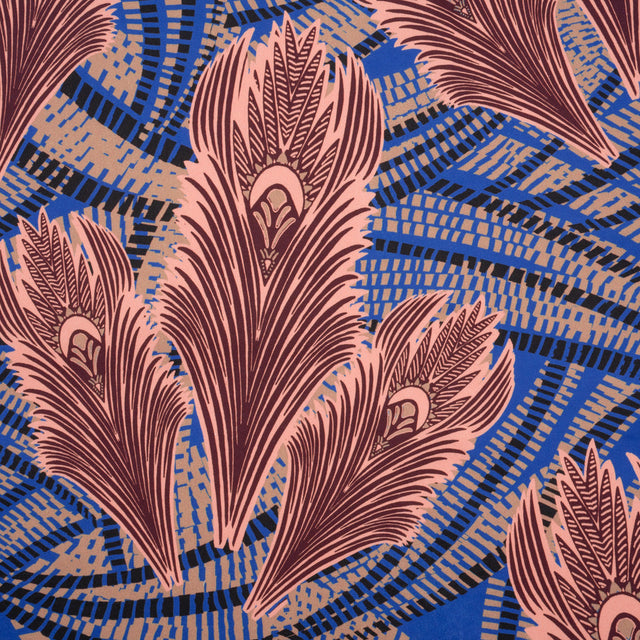 Stretch Cotton Sateen - Cobalt Blue and Burgundy Feathers