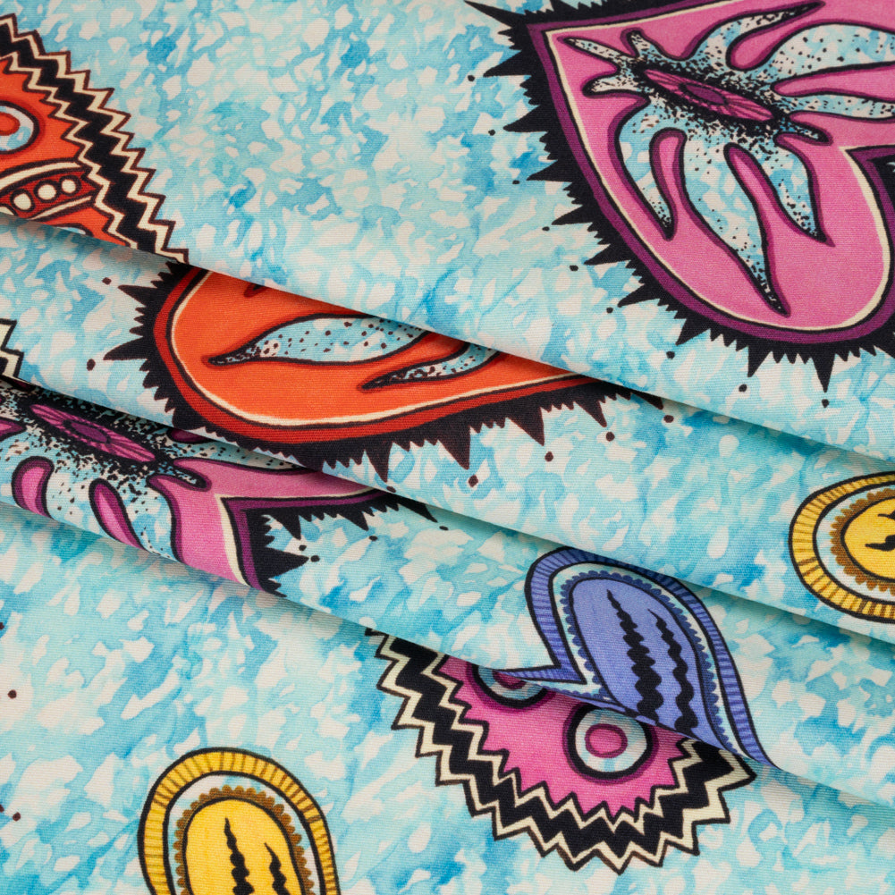 Stretch Cotton Twill - Blue, Orange and Pink Stranger Hearts
