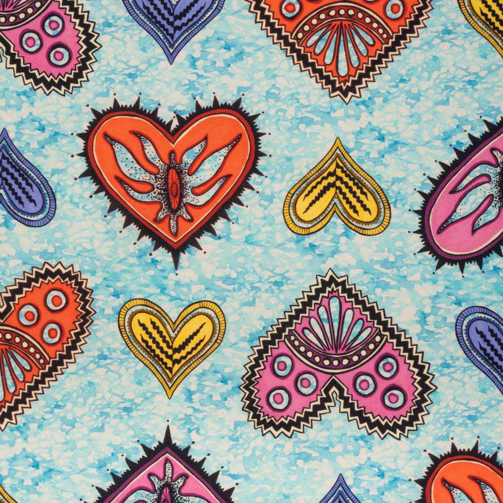 Stretch Cotton Twill - Blue, Orange and Pink Stranger Hearts