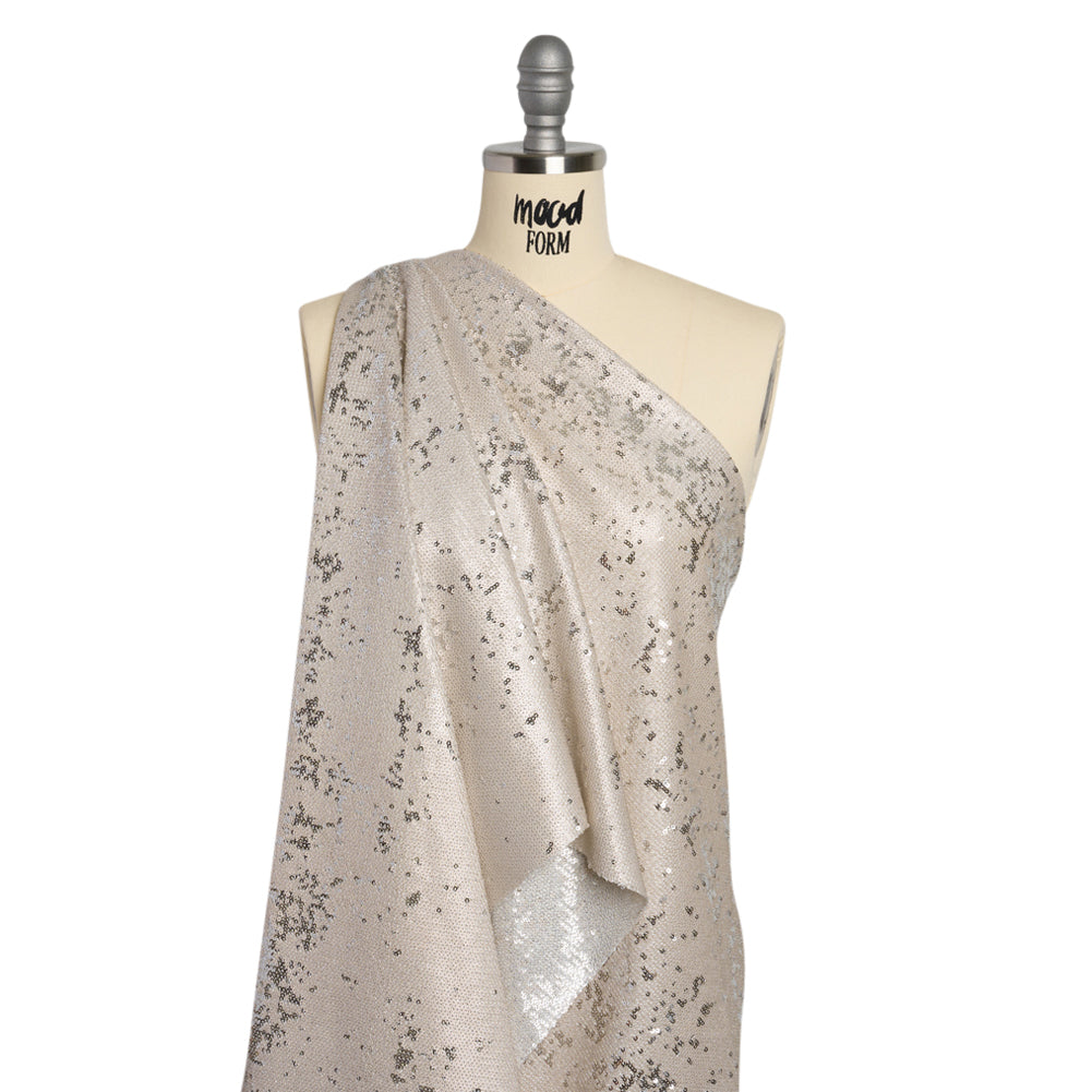 Two-Tone Flippable Baby Sequins on Mesh - Pale Beige and Silver - Deadstock