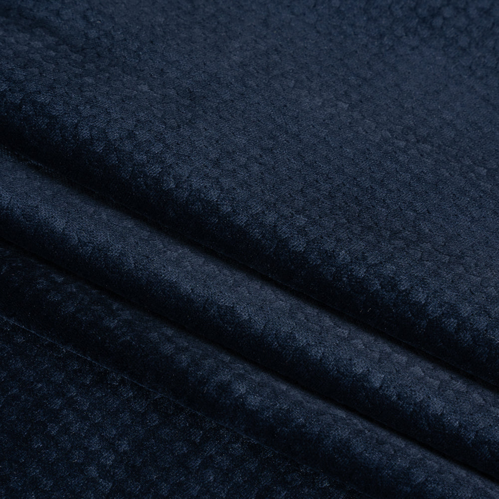Embossed Polyester Velvet - Navy Little Squares - Deadstock