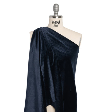 Embossed Polyester Velvet - Navy Little Squares - Deadstock