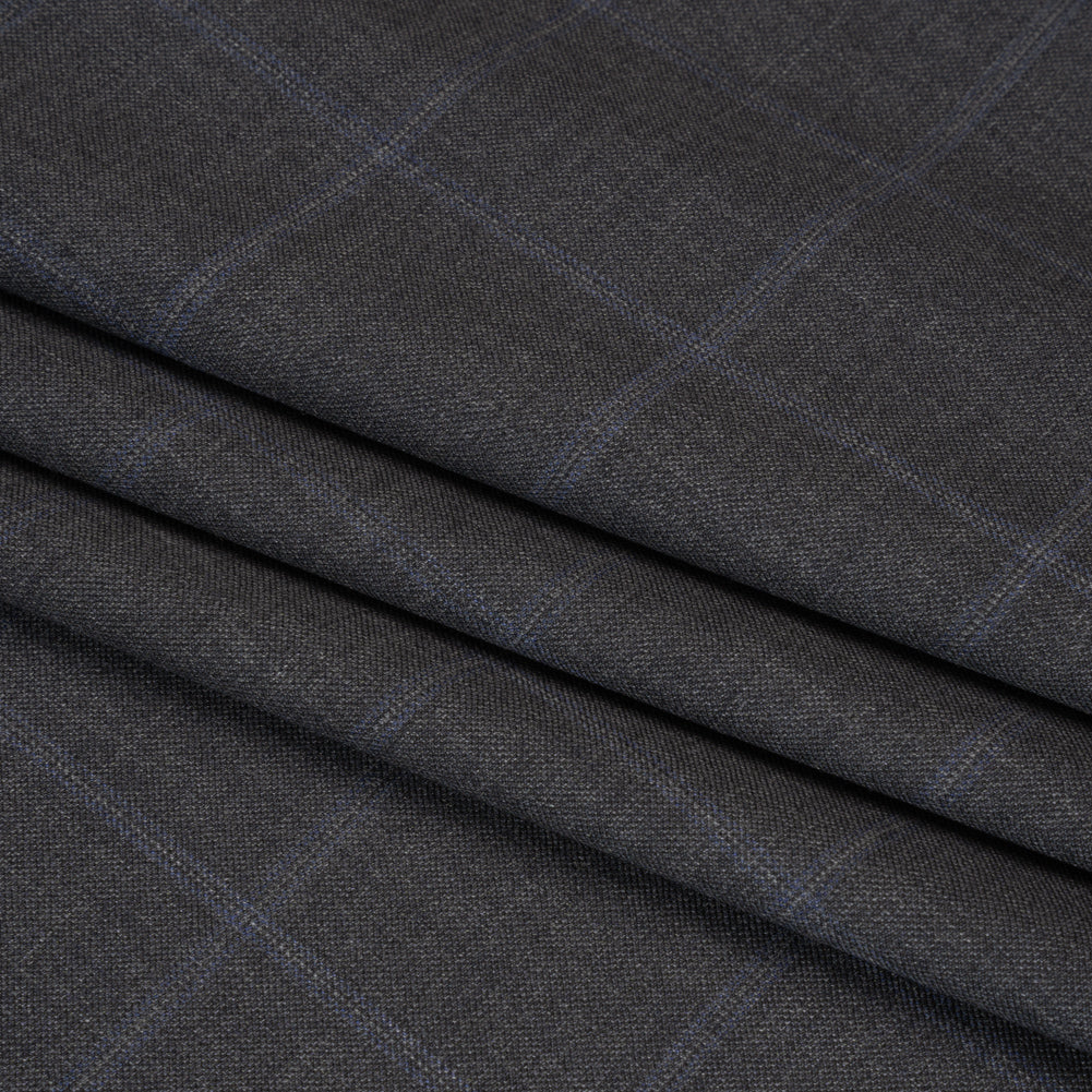 Wool Suiting - Gray and Blue Windowpane Check - Deadstock