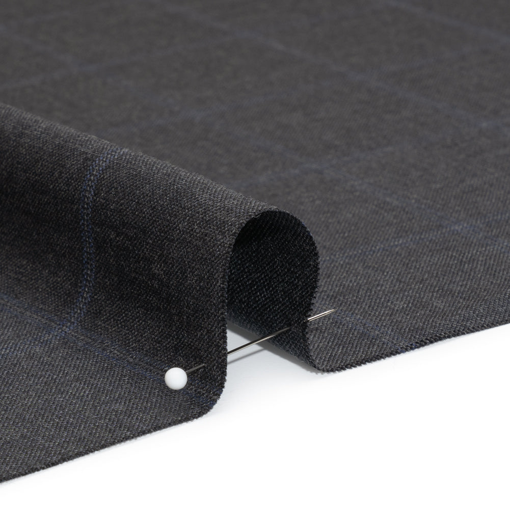 Wool Suiting - Gray and Blue Windowpane Check - Deadstock