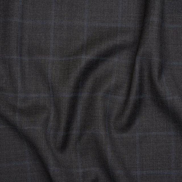 Wool Suiting - Gray and Blue Windowpane Check - Deadstock
