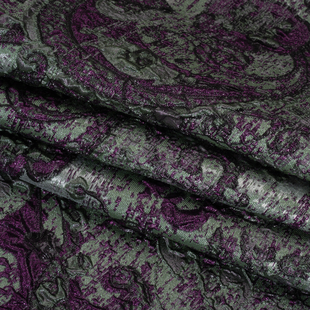 Flowers and Curls Luxury Brocade - Metallic Plum Purple, Sage Green and Gray