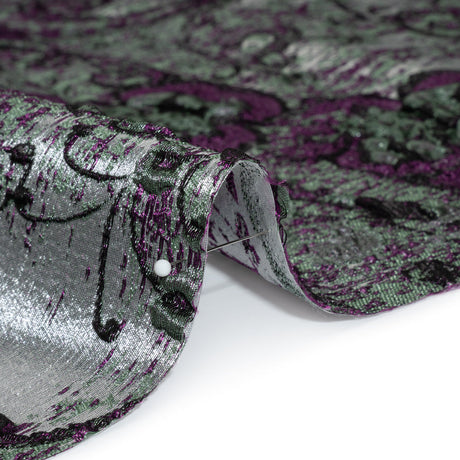 Flowers and Curls Luxury Brocade - Metallic Plum Purple, Sage Green and Gray