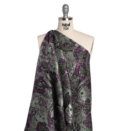 Flowers and Curls Luxury Brocade - Metallic Plum Purple, Sage Green and Gray