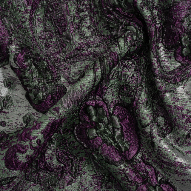 Flowers and Curls Luxury Brocade - Metallic Plum Purple, Sage Green and Gray