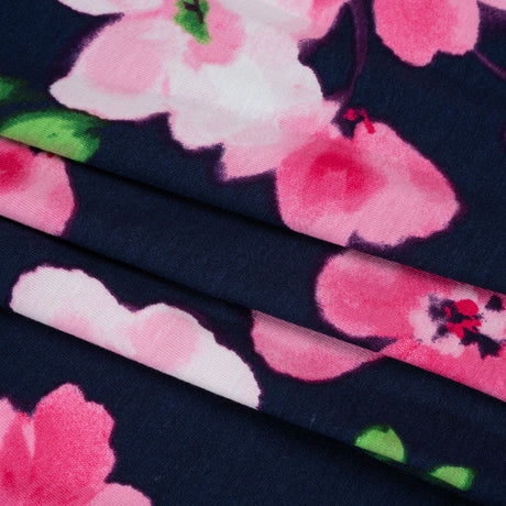 Stretch Rayon Jersey - Navy, Pink and Green Floral - Deadstock