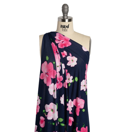 Stretch Rayon Jersey - Navy, Pink and Green Floral - Deadstock