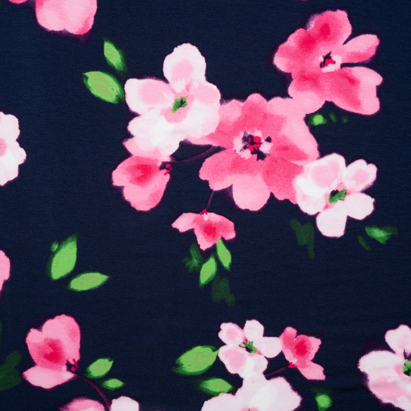 Stretch Rayon Jersey - Navy, Pink and Green Floral - Deadstock