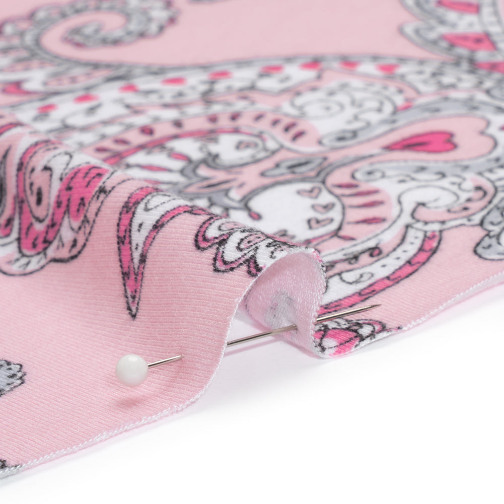 Stretch Rayon Jersey - Pink and Gray Jacobean Floral - Deadstock