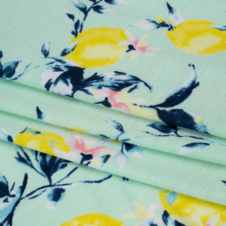 Stretch Rayon Jersey - Mint, Teal and Yellow Lemons on Trees - Deadstock