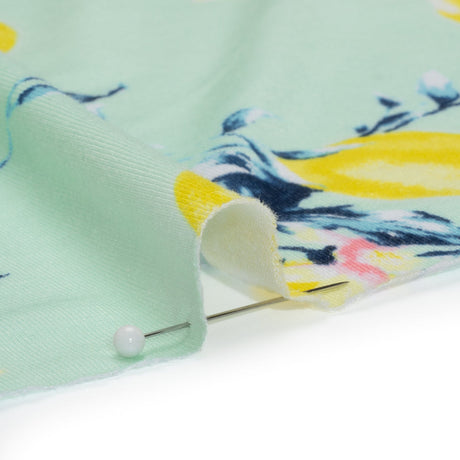 Stretch Rayon Jersey - Mint, Teal and Yellow Lemons on Trees - Deadstock