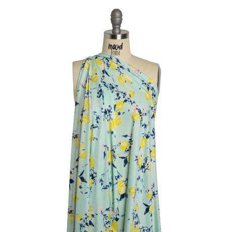 Stretch Rayon Jersey - Mint, Teal and Yellow Lemons on Trees - Deadstock