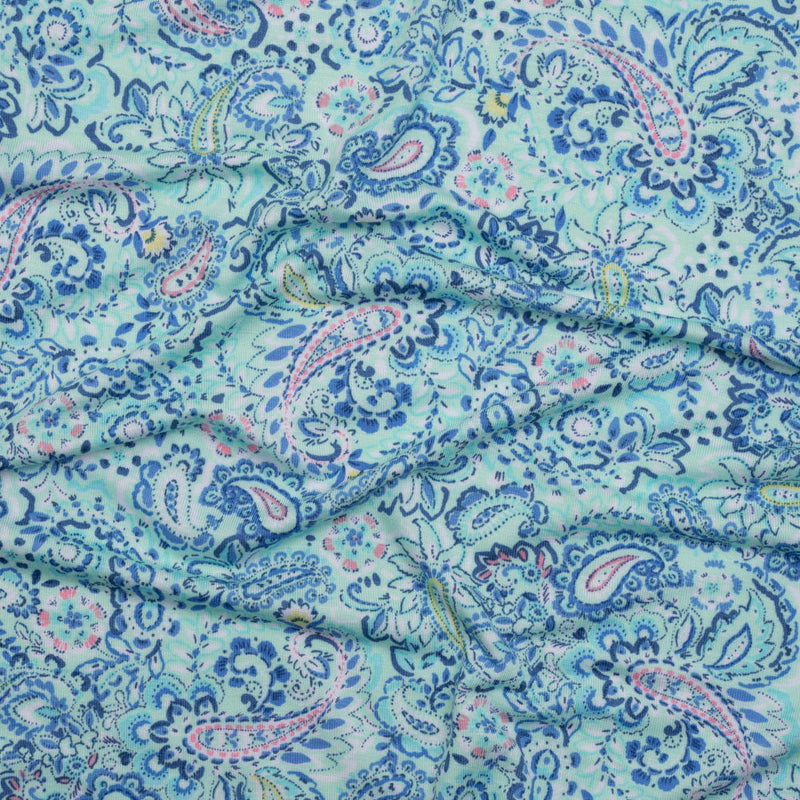 Stretch Rayon Jersey - Mint Green, Blue and Pink Paisley - Deadstock