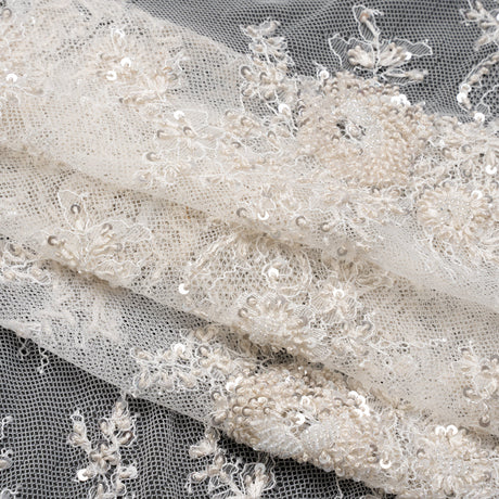 Embroidered Lace with Beading, Sequins, and Finished Edges - Off White Floral