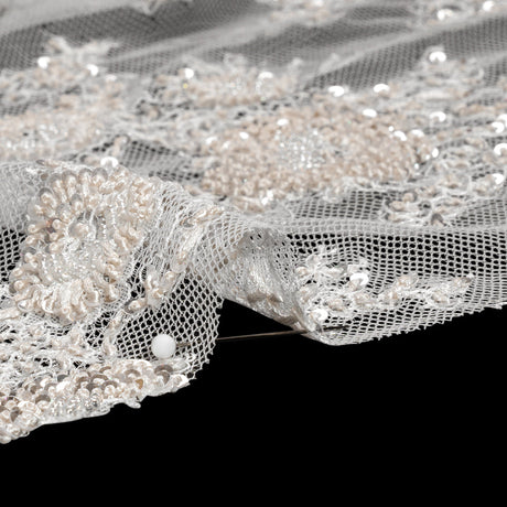 Embroidered Lace with Beading, Sequins, and Finished Edges - Off White Floral