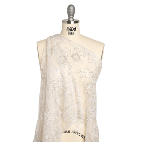 Embroidered Lace with Beading, Sequins, and Finished Edges - Off White Floral