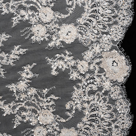 Embroidered Lace with Beading, Sequins, and Finished Edges - Off White Floral