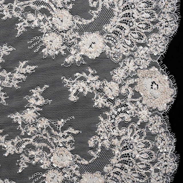 Embroidered Lace with Beading, Sequins, and Finished Edges - Off White Floral