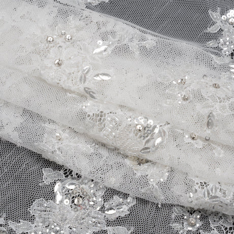 Chantilly Lace with Beads, Sequins and Finished Edges - Off White and Silver Floral