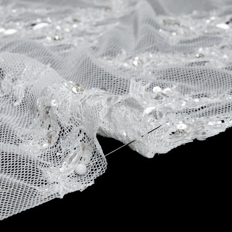 Chantilly Lace with Beads, Sequins and Finished Edges - Off White and Silver Floral