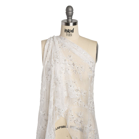 Chantilly Lace with Beads, Sequins and Finished Edges - Off White and Silver Floral