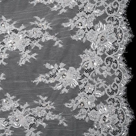 Chantilly Lace with Beads, Sequins and Finished Edges - Off White and Silver Floral