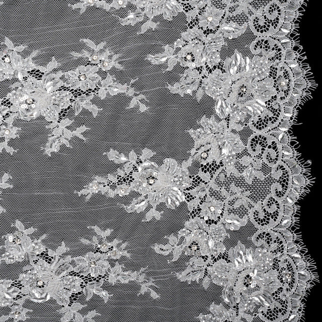 Chantilly Lace with Beads, Sequins and Finished Edges - Off White and Silver Floral