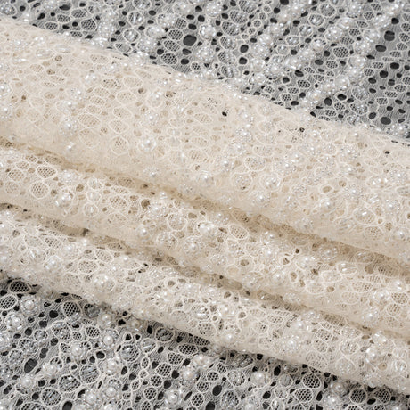 Bridal Lace with Beads, Sequins, and Finished Edges - Off White Wavy Lines