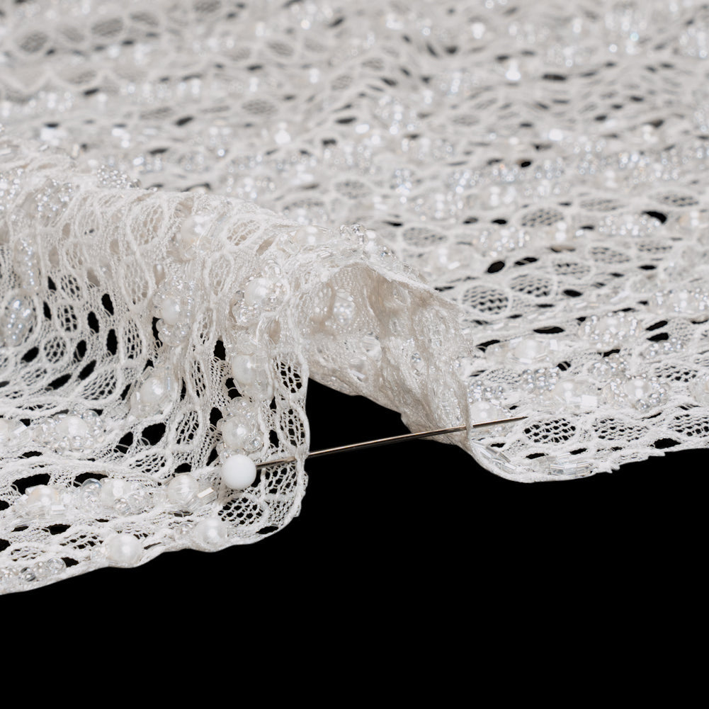 Bridal Lace with Beads, Sequins, and Finished Edges - Off White Wavy Lines