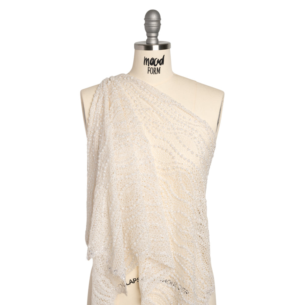 Bridal Lace with Beads, Sequins, and Finished Edges - Off White Wavy Lines