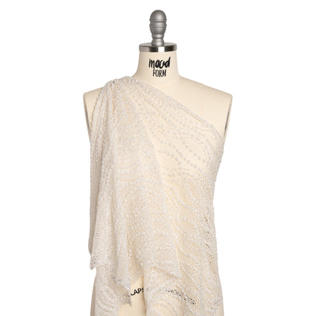 Bridal Lace with Beads, Sequins, and Finished Edges - Off White Wavy Lines