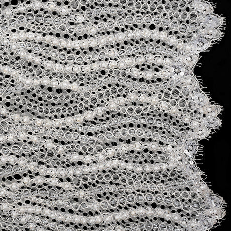 Bridal Lace with Beads, Sequins, and Finished Edges - Off White Wavy Lines