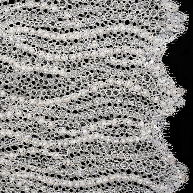 Bridal Lace with Beads, Sequins, and Finished Edges - Off White Wavy Lines