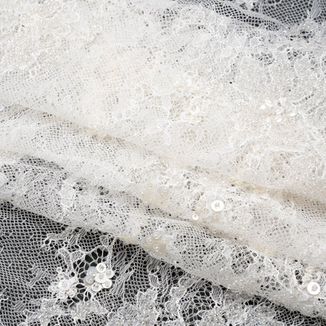 Bridal Lace with Beads, Sequins, and Finished Edges - White Floral