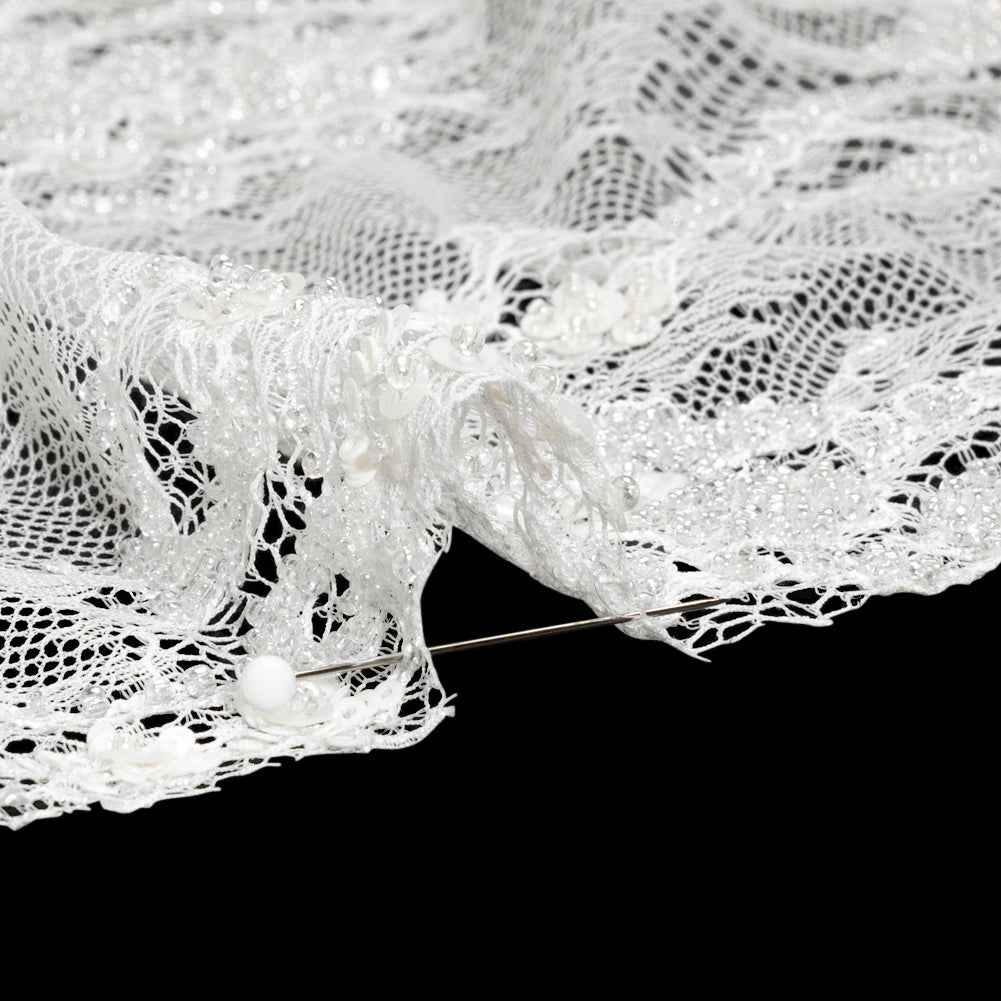 Bridal Lace with Beads, Sequins, and Finished Edges - White Floral