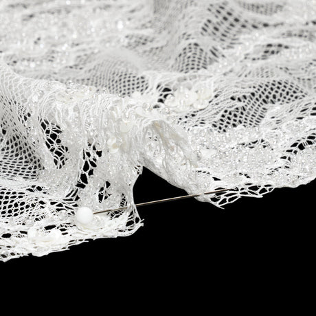 Bridal Lace with Beads, Sequins, and Finished Edges - White Floral