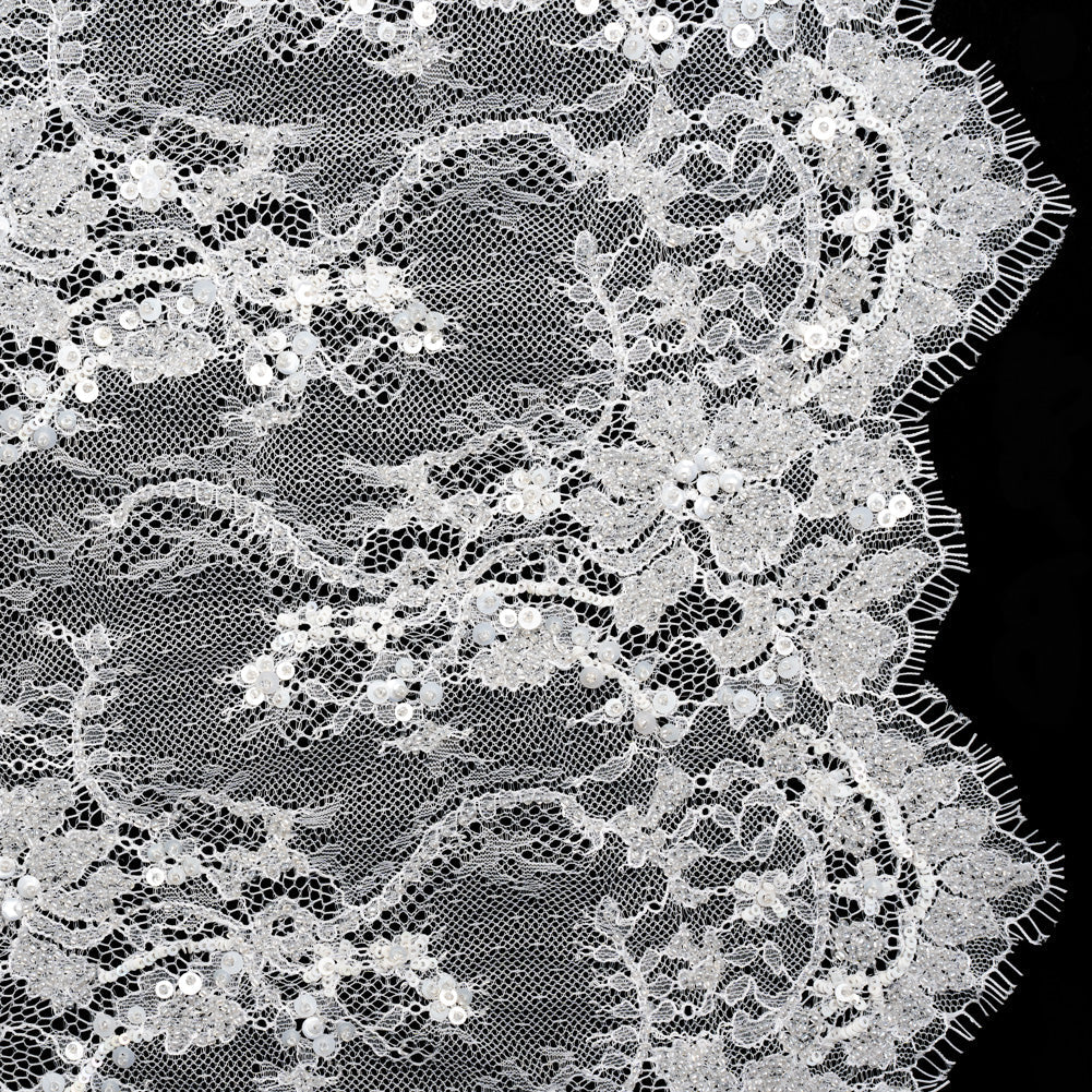 Bridal Lace with Beads, Sequins, and Finished Edges - White Floral