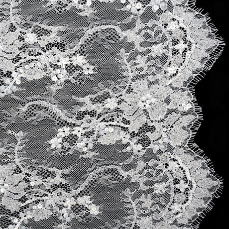 Bridal Lace with Beads, Sequins, and Finished Edges - White Floral