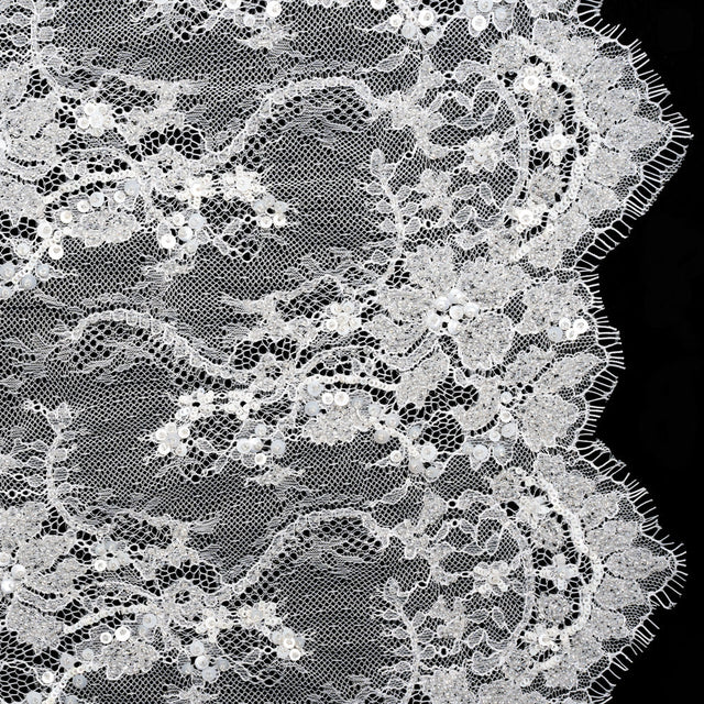 Bridal Lace with Beads, Sequins, and Finished Edges - White Floral